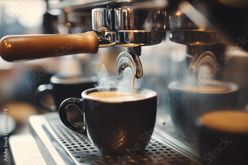 Close-up of an espresso machine with steam rising from a coffee cup, focusing on a black mug being filled, set against a cozy cafe interior background with blurred tables and chairs.