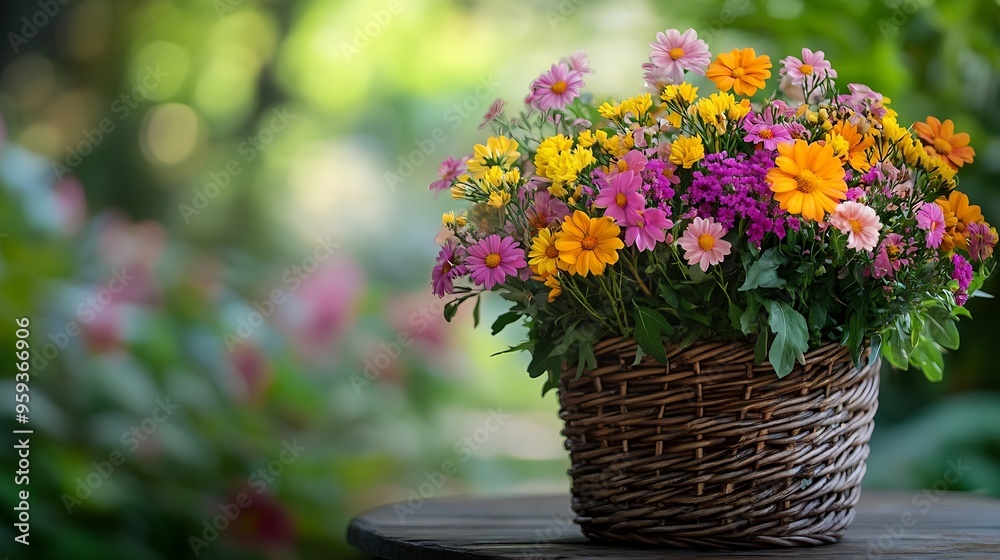 flowers bouquet in wicker basket on table in garden abstract natural green background spring summer season rustic still life with meadow flowers template for design copy space : Generative AI flowers bouquet in wicker basket on table in garden abstract natural green background spring summer season rustic still life with meadow flowers template for design copy space : Generative AI