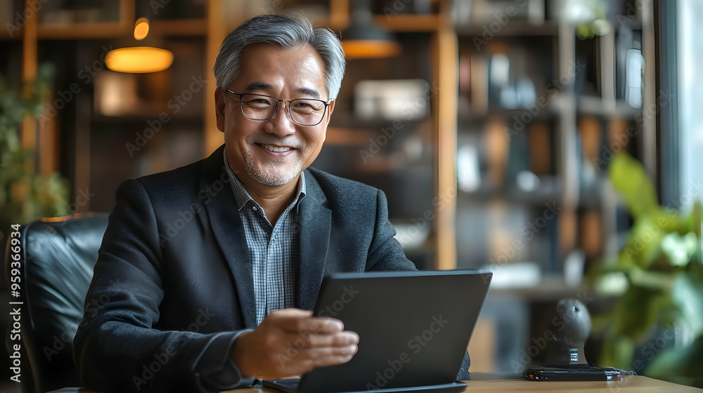 Smiling businessman with glasses holding a tablet in a modern office. Smiling businessman with glasses holding a tablet in a modern office.