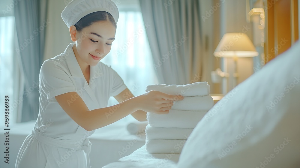 Naklejka premium Maid putting stack of fresh white bath towels on the bed sheet Room service maid cleaning hotel room Maid making bed in hotel room Change of towels in the hotel room : Generative AI