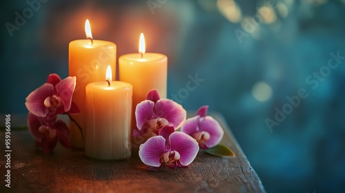 Burning candles with orchid flowers on wooden table