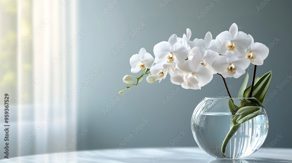 Beautiful white orchid flowers in a glass vase on a table against Beautiful white orchid flowers in a glass vase on a table against