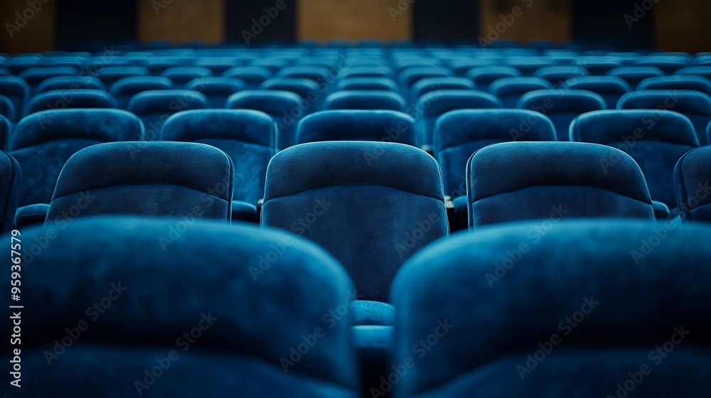 Fototapeta premium Full frame of blue velvet seats in empty auditorium at conference hall : Generative AI