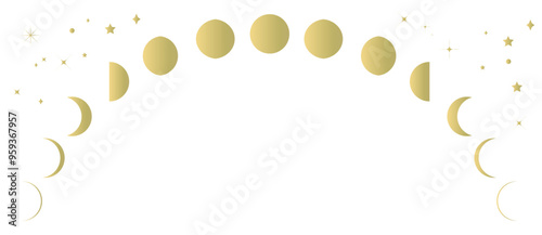 ゴールドの月の満ち欠けと星の背景イラスト　月齢