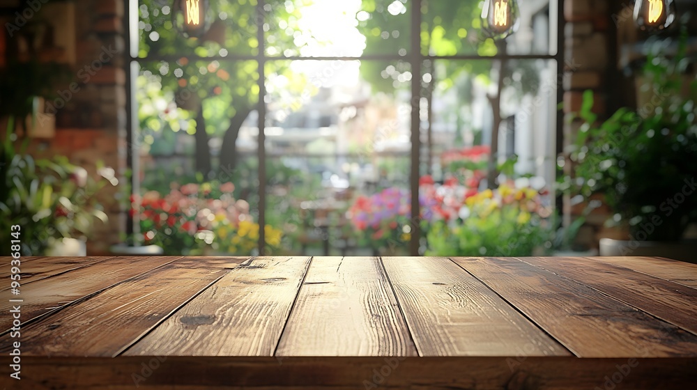 Wooden table with a blurry coffee shop or cafe scene behind including a large window view of a vibrant garden perfect for products : Generative AI Wooden table with a blurry coffee shop or cafe scene behind including a large window view of a vibrant garden perfect for products : Generative AI