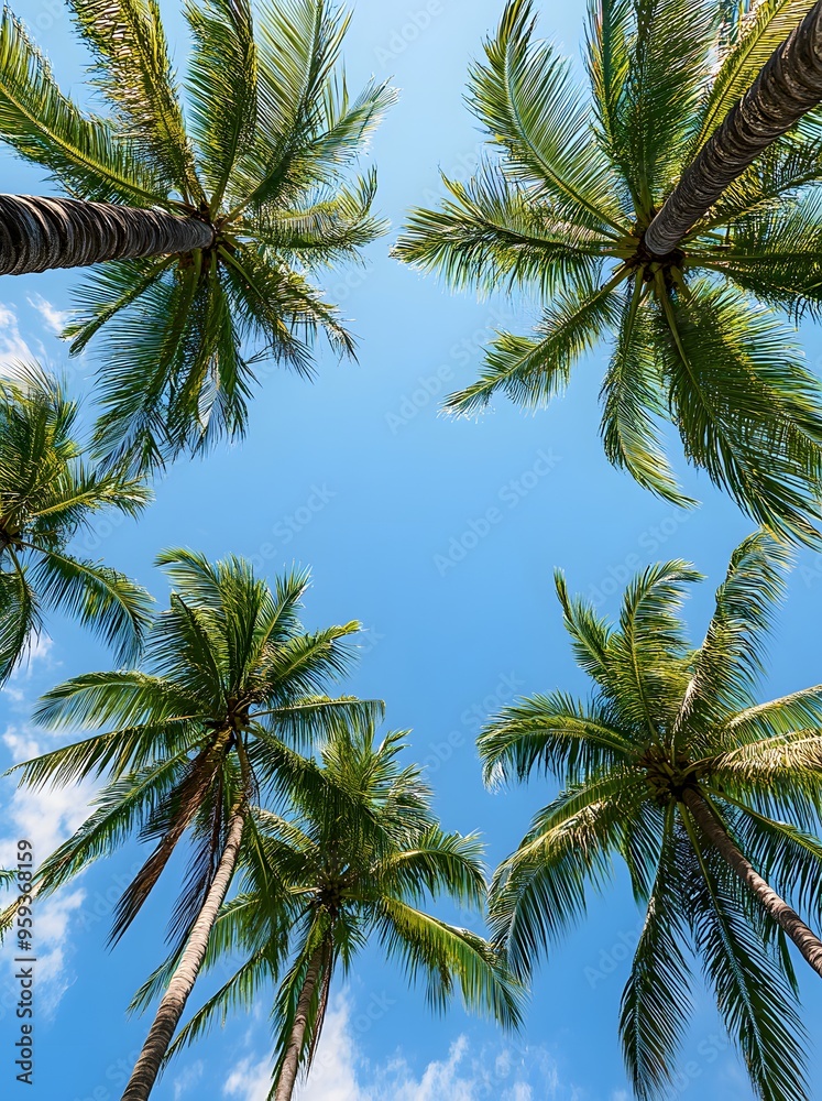 Palm Trees Canopy Blue Sky Tropical Paradise Palm Trees Canopy Blue Sky Tropical Paradise