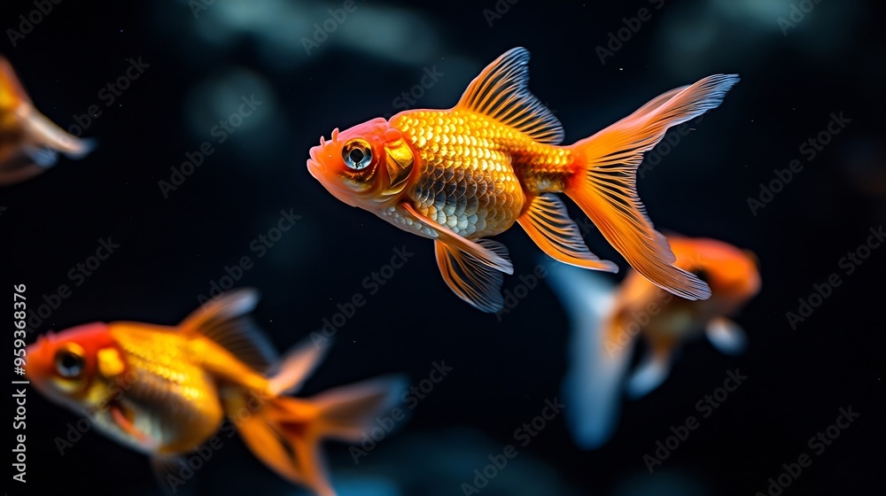 Goldfish in aquarium tank with black background : Generative AI Goldfish in aquarium tank with black background : Generative AI