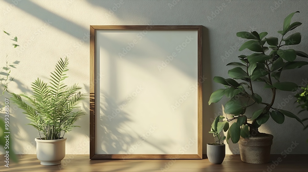 Blank picture frame mockup on a wall Portrait orientation Artwork template in interior design : Generative AI