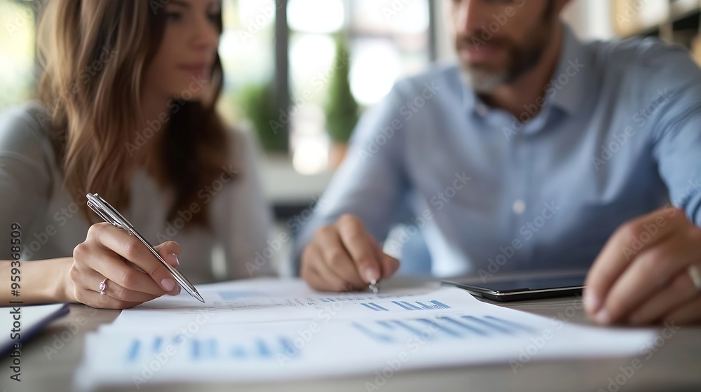 Budget financial advisor or couple at table in meeting for insurance policy update or paper in office Broker negotiation or consultation with people for investment future plan or contr : Generative AI Budget financial advisor or couple at table in meeting for insurance policy update or paper in office Broker negotiation or consultation with people for investment future plan or contr : Generative AI