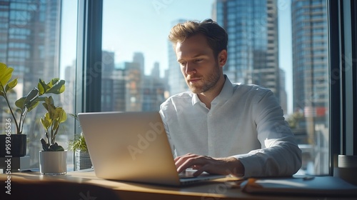 Focused businessman works at desk in corporate office using laptop in front of window : Generative AI