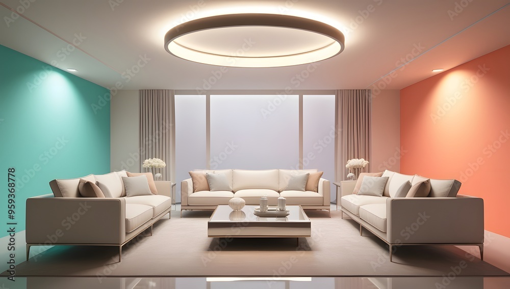 Fototapeta premium Modern Living Room Interior Design with White Sofa Beige Carpet and Circular Ceiling Light