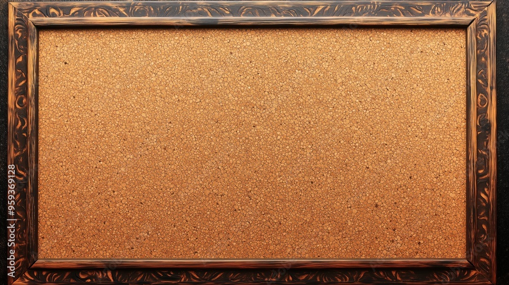 Fototapeta premium A cork board with a black frame. The frame is made of wood and has a rustic look. The cork board is empty and has no writing on it