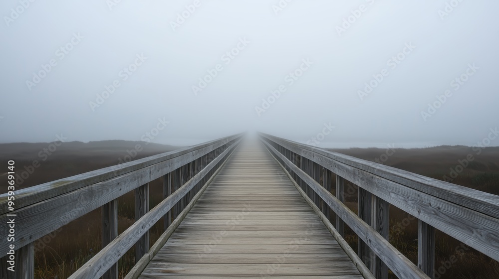 A foggy, misty day with a wooden bridge in the distance. The bridge is long and narrow, and the fog is thick and heavy