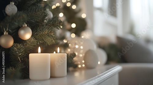 festive Christmas decoration interior in light Scandinavian style Christmas tree and minimalistic decoration ideas : Generative AI