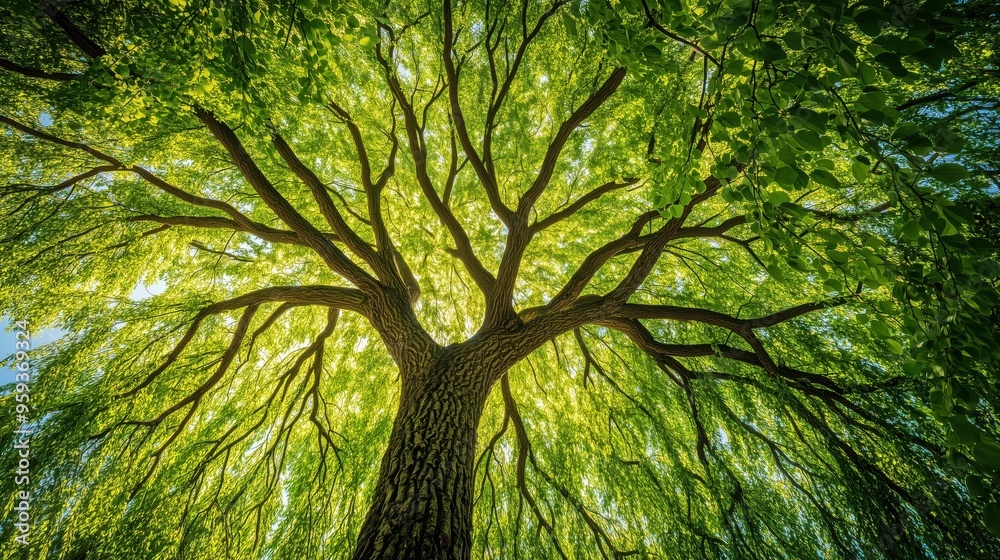 A large tree with many branches and leaves is shown in the sunlight. The tree is full of life and energy, and it seems to be reaching for the sky. Concept of growth and vitality A large tree with many branches and leaves is shown in the sunlight. The tree is full of life and energy, and it seems to be reaching for the sky. Concept of growth and vitality