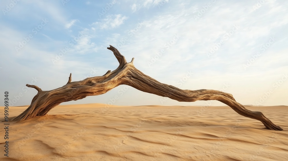 A long, thin tree branch is standing in the desert. The sky is clear and blue, and the sun is shining brightly. Concept of solitude and tranquility, as the lone tree branch stands out against the vast