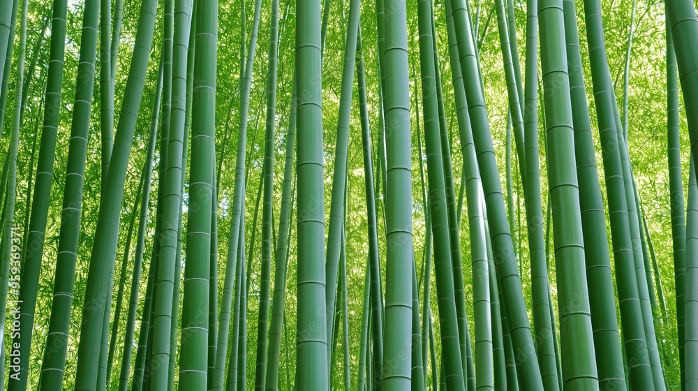A lush green forest of bamboo trees. The trees are tall and green, and they are spread out across the image. Scene is peaceful and serene, as the bamboo trees create a sense of calm and tranquility A lush green forest of bamboo trees. The trees are tall and green, and they are spread out across the image. Scene is peaceful and serene, as the bamboo trees create a sense of calm and tranquility