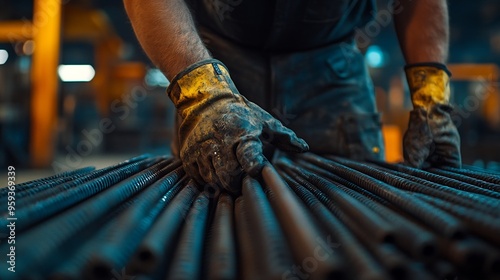 Unidentifiable man in dark shirt dirty jeans and work gloves adds to a pile of bent steel rebar inside of a dark warehouse : Generative AI