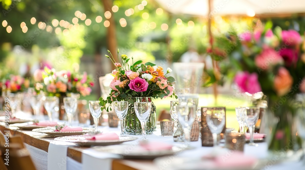 Beautiful outdoor wedding event location / venue in summer by daylight with flowers and table decor Beautiful outdoor wedding event location / venue in summer by daylight with flowers and table decor