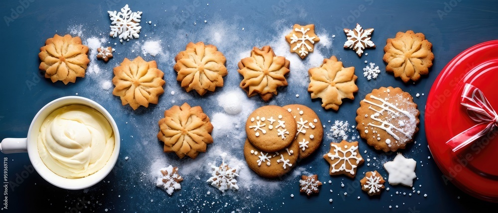 Fototapeta premium Homemade gingerbread cookies and icing with a festive red plate on a blue background.
