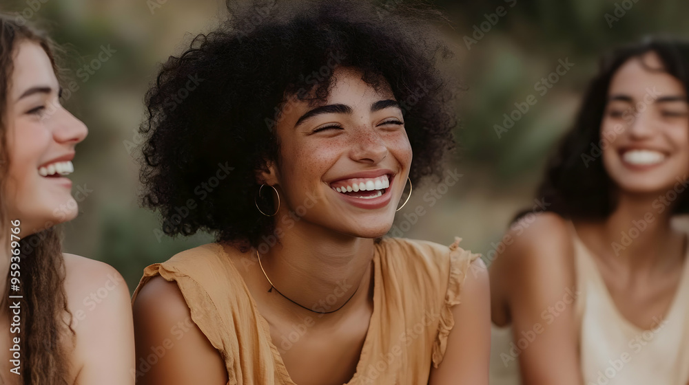 Three young women laughing together outdoors, a close-up of the middle woman. Three young women laughing together outdoors, a close-up of the middle woman.