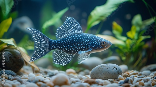 Fish Ancistrus  Catfish in a home freshwater aquarium with sand stones and green Anubias plants : Generative AI photo