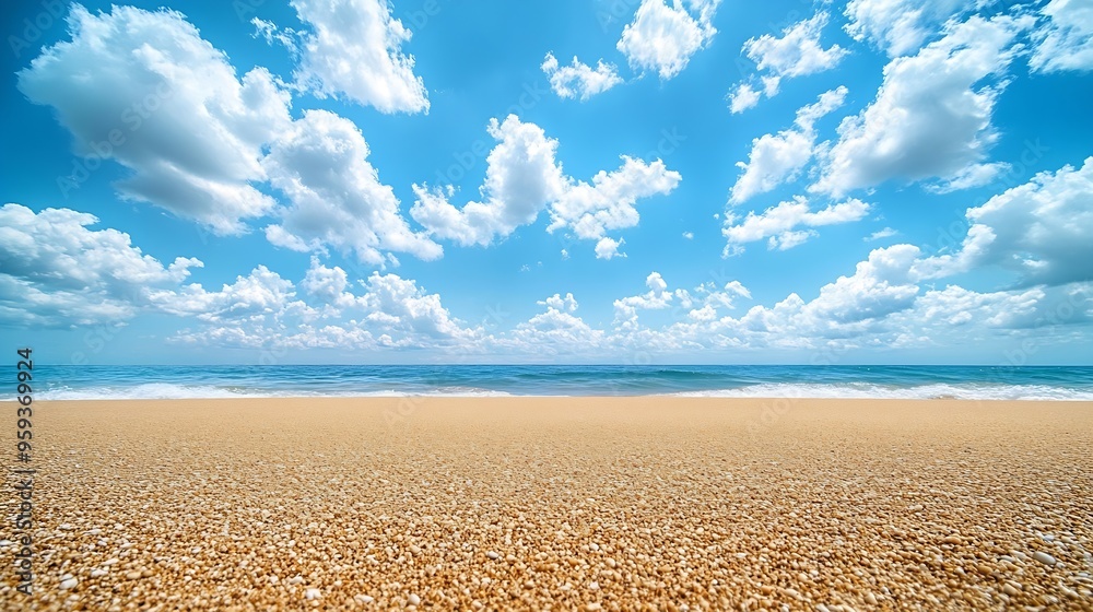 Empty natural beach background with golden sand and blue sky with white clouds on a hot summer sunny day : Generative AI Empty natural beach background with golden sand and blue sky with white clouds on a hot summer sunny day : Generative AI