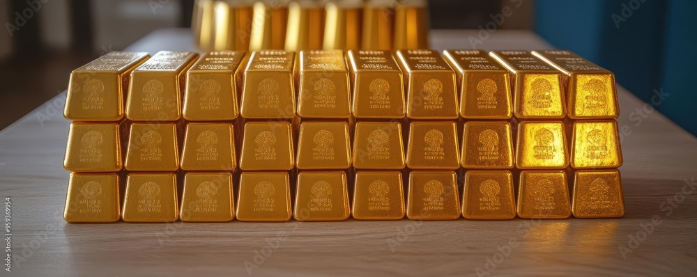 Gold bars arranged like dominoes, ready to fall, representing the fragility of prosperity Gold bars arranged like dominoes, ready to fall, representing the fragility of prosperity