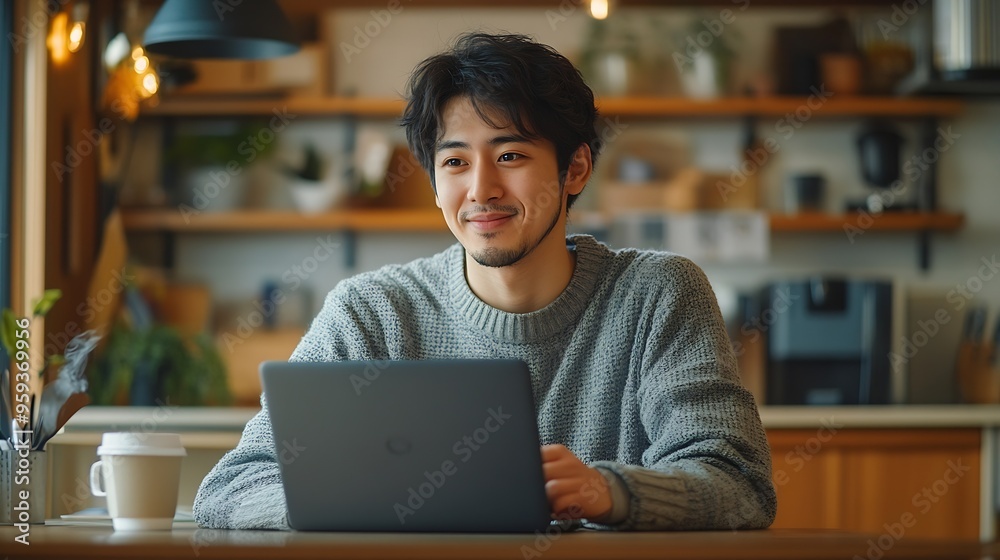 Modern worker in selfisolation home office and work during covid19 quarantine Smiling young asian male with cup drinking coffee and working on laptop at table in kitchen interior free : Generative AI Modern worker in selfisolation home office and work during covid19 quarantine Smiling young asian male with cup drinking coffee and working on laptop at table in kitchen interior free : Generative AI