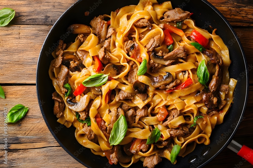 Delicious Beef and Mushroom Stir Fry with Fettuccine in Black Pan Delicious Beef and Mushroom Stir Fry with Fettuccine in Black Pan