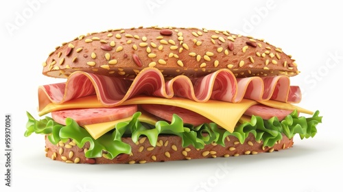 3D Rendered Sandwich with Bacon, Cheese, and Lettuce on a Sesame Seed Bun, 3D rendering , sandwich , food , illustration