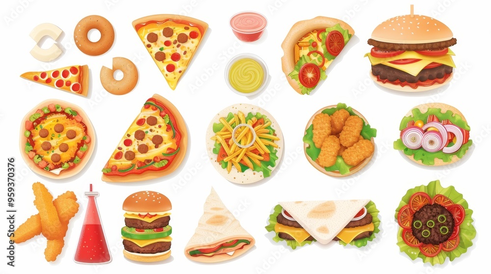 Fast Food Feast A Colorful Illustration of Burgers, Pizza, and More, fast food, illustration, food, restaurant Fast Food Feast A Colorful Illustration of Burgers, Pizza, and More, fast food, illustration, food, restaurant