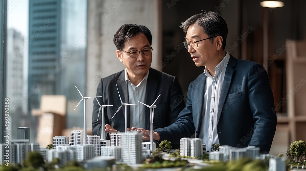 Two middleaged Asian people businessmen one holding wind turbine model discussing over model city likely about clean energy and new housing projects : Generative AI