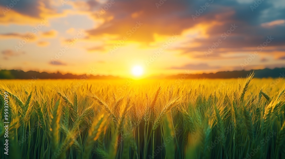Fototapeta premium A selective focus shot of a sunset over a barley field : Generative AI