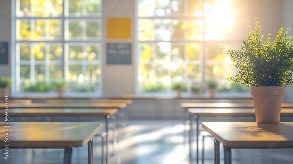 Fototapeta premium Beautiful blurred background of bright classroom and study room with panoramic windows and beautiful lighting Blurred Empty school background : Generative AI