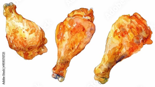 Watercolor Illustration of Crispy Fried Chicken Legs, watercolor , illustration, food , chicken , drumstick