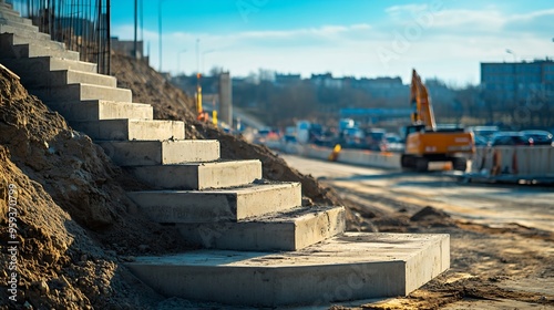 Highway construction site at urban with a concrete stairway up to of motorway on a sunny  spring day : Generative AI
