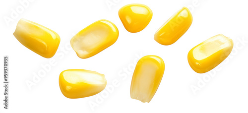 Flying corn seeds cut out isolated on white background