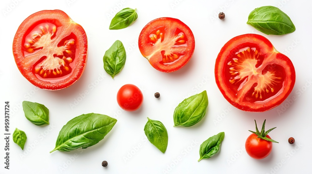 Vibrant arrangement of juicy tomato slices, half-cut tomato, and tiny tomatino adorned with fresh green basil leaf on pristine white background. Vibrant arrangement of juicy tomato slices, half-cut tomato, and tiny tomatino adorned with fresh green basil leaf on pristine white background.
