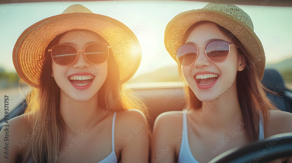Two happy women wearing sunglasses and straw hats are smiling in a car. Two happy women wearing sunglasses and straw hats are smiling in a car.