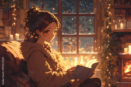 Wallpaper Mural Cozy girl reading a book in a room with a fireplace and a cup of tea, surrounded by fairy lights. Anime style, Cozy vibes Torontodigital.ca