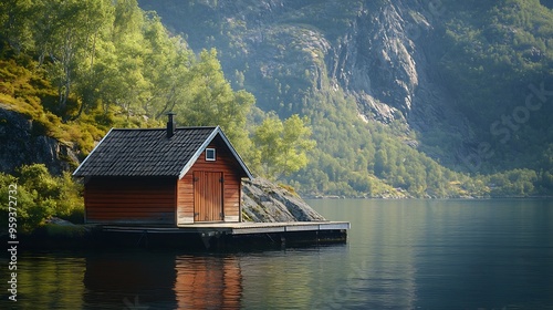 Wood hut along the fjord More og Romsdal county Norway : Generative AI photo