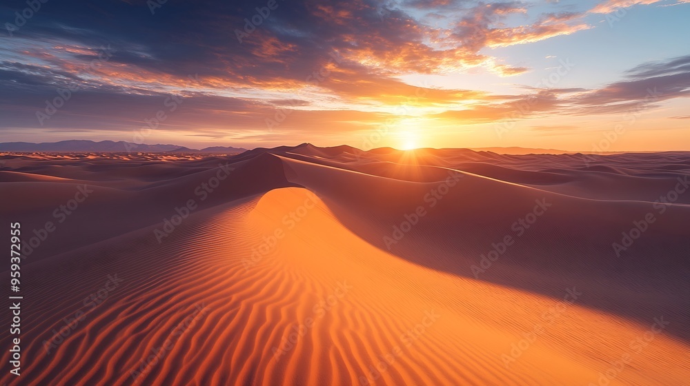 Beautiful sand dunes in the Sahara desert at sunrise Sahara Morocco : Generative AI Beautiful sand dunes in the Sahara desert at sunrise Sahara Morocco : Generative AI