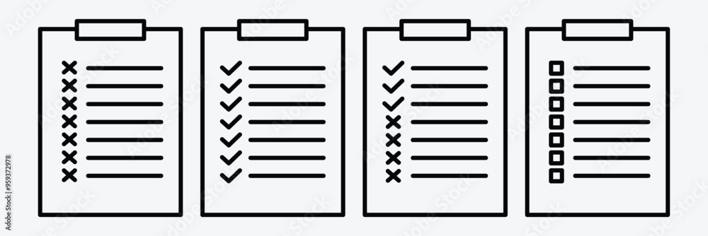 Checklist icon set. Clipboard icon concept in line style. Office document icon set. Vector illustration. Checklist icon set. Clipboard icon concept in line style. Office document icon set. Vector illustration.
