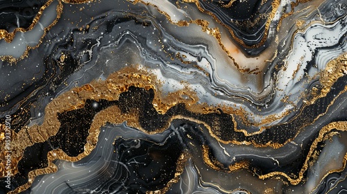 Abstract Black, White, and Gold Swirling Liquid Art