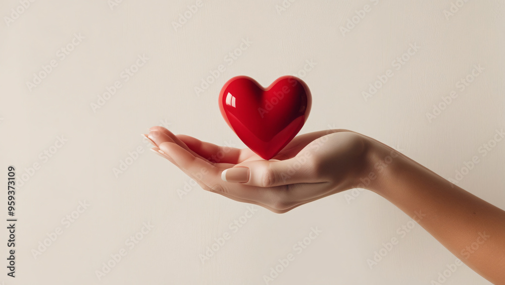The woman is holding a red heart. The woman is holding a red heart.