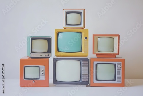 retro TV boxes, white background with blank screen 