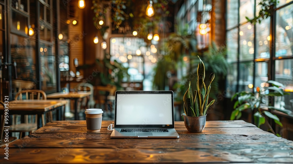 Laptop, Coffee, and Plant on Rustic Wooden Table in a Cafe Laptop, Coffee, and Plant on Rustic Wooden Table in a Cafe