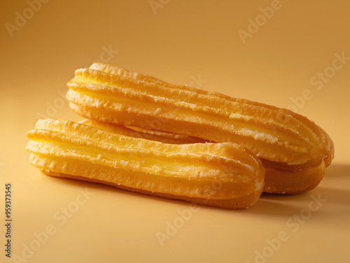 Golden crispy churros with sugar on beige background, Spanish dessert