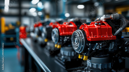 A close-up view of engine components lined up in an assembly line, highlighting industrial production and precision engineering.